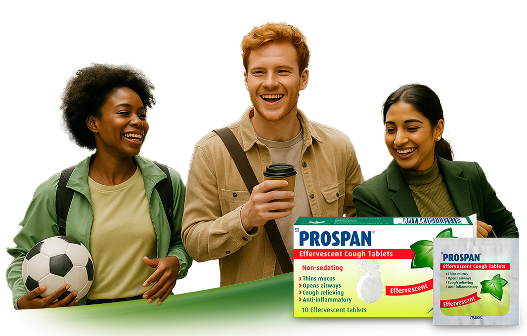 Three young adults walk outside smiling; one holds a coffee cup, one carries a soccer ball. In the foreground, there is a large image of Prospan Effervescent Cough Tablets packaging.